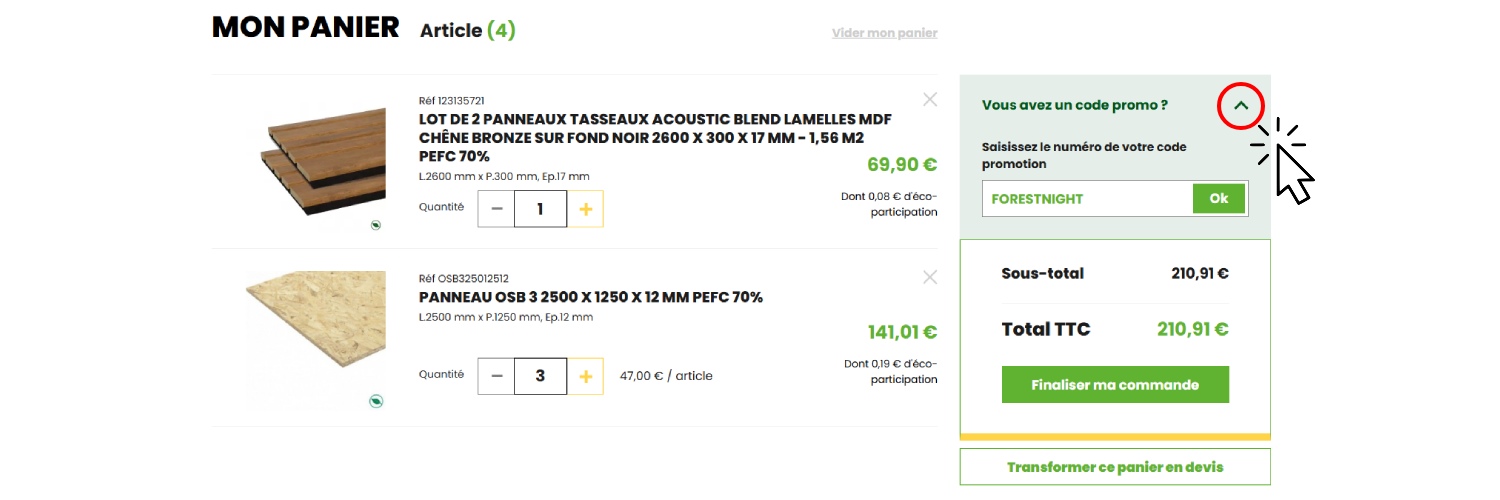 Ilustration procédure pour appliquer le code promo sur le site Forestea
